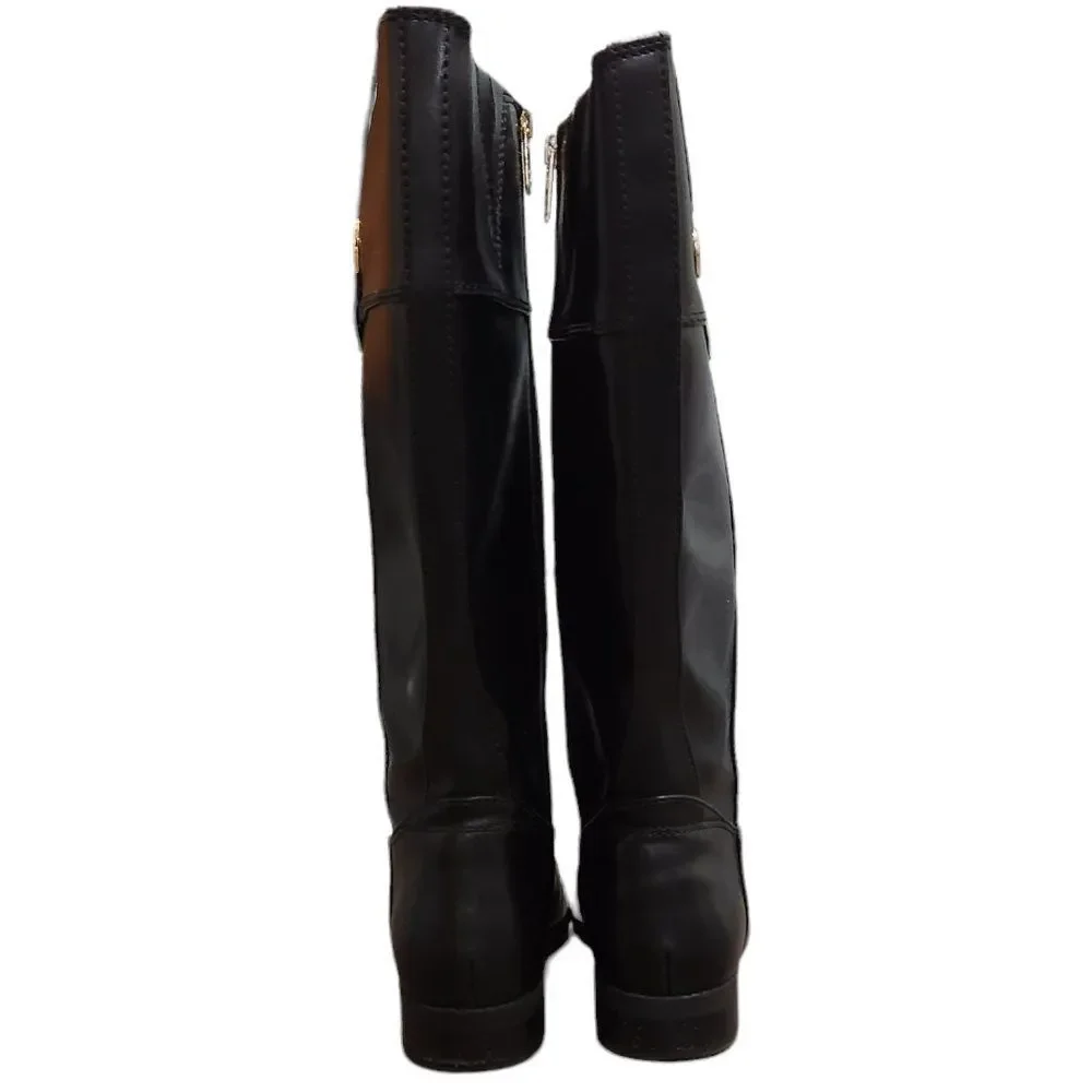 Tommy Hilfiger Faux Leather Mid-Calf Boots Black Goldtone Logo Size 7.5